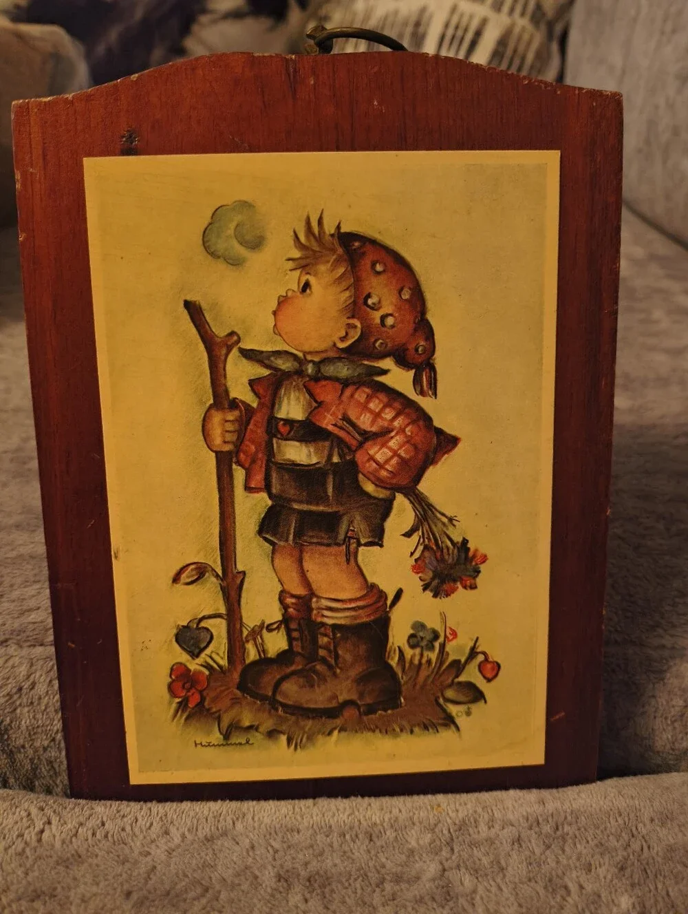 Vintage Wood Wall Plaque with Hummel A Boy Hiker - Yellow & Brown